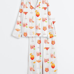 Women's Watercolor Cocktail Drinks Summer Beach Lemon Drop Martini Wedding Cocktail Print Long Sleeve Satin Pajamas Set
