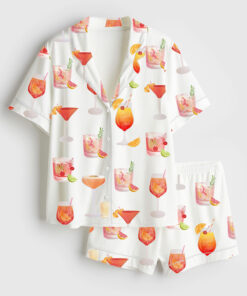 Women's Watercolor Cocktail Drinks Summer Beach Lemon Drop Martini Wedding Cocktail Print Short Sleeve Satin Pajama Set