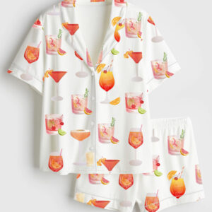 Womenâ€™s Watercolor Cocktail Drinks Summer Beach Lemon Drop Martini Wedding Cocktail Print Short Sleeve Satin Pajama Set