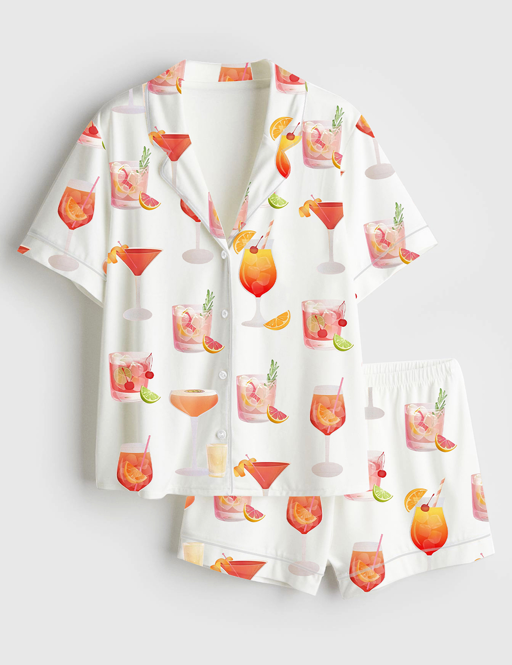 Womenâ€™s Watercolor Cocktail Drinks Summer Beach Lemon Drop Martini Wedding Cocktail Print Short Sleeve Satin Pajama Set