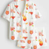 Women's Watercolor Cocktail Drinks Summer Beach Lemon Drop Martini Wedding Cocktail Print Short Sleeve Satin Pajama Set