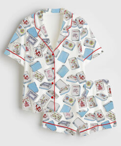 Women's Watercolor Cocktail Mahjong Chinoiserie Mahjong Party Short Sleeve Satin Pajama Set