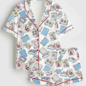 Womenâ€™s Watercolor Cocktail Mahjong Chinoiserie Mahjong Party Short Sleeve Satin Pajama Set