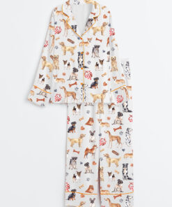 Women's Watercolor Dog Breed All The Dog Fluffy Pets Portraits Long Sleeve Satin Pajama Set