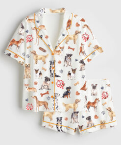 Women's Watercolor Dog Breed All The Dog Fluffy Pets Portraits Short Sleeve Satin Pajama Set