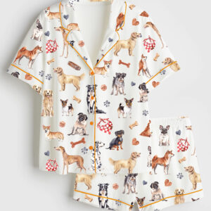 Womenâ€™s Watercolor Dog Breed All The Dog Fluffy Pets Portraits Short Sleeve Satin Pajama Set