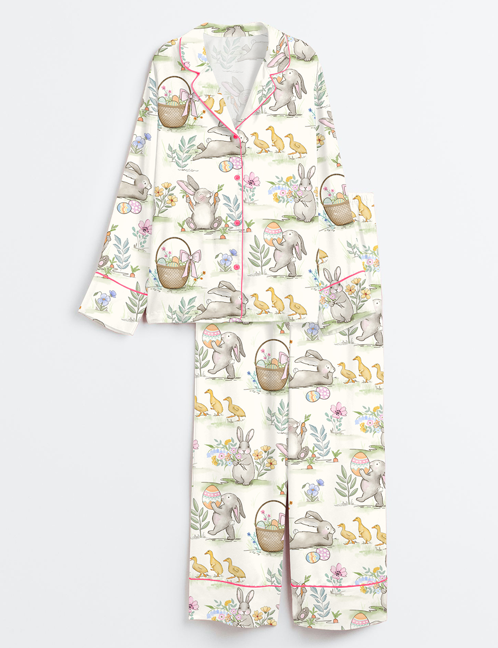Womenâ€™s Watercolor Easter Bunnies Long Sleeve Satin Pajama Set