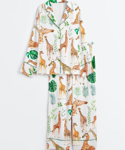 Women's Watercolor Giraffe Animal Safari Nursery Tropical Leaves Long Sleeve Satin Pajama Set