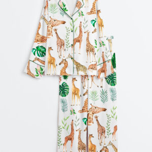 Women's Watercolor Giraffe Animal Safari Nursery Tropical Leaves Long Sleeve Satin Pajama Set