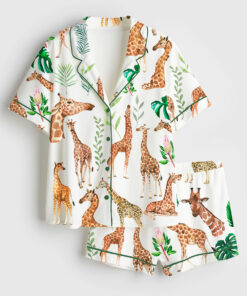 Women's Watercolor Giraffe Animal Safari Nursery Tropical Leaves Short Sleeve Satin Pajama Set