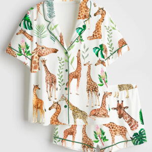 Women's Watercolor Giraffe Animal Safari Nursery Tropical Leaves Short Sleeve Satin Pajama Set