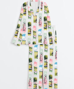 Women's Watercolor Golf Brush Stroke Golf Lover Masters Golf Print Long Sleeve Satin Pajama Set