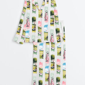 Womenâ€™s Watercolor Golf Brush Stroke Golf Lover Masters Golf Print Long Sleeve Satin Pajama Set