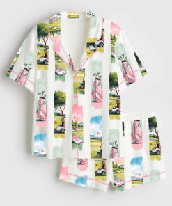 Women's Watercolor Golf Brush Stroke Golf Lover Masters Golf Print Short Sleeve Satin Pajama Set