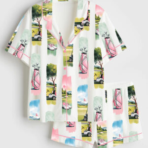 Womenâ€™s Watercolor Golf Brush Stroke Golf Lover Masters Golf Print Short Sleeve Satin Pajama Set