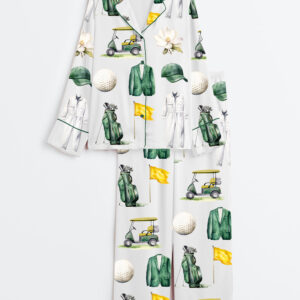 Women's Watercolor Golf Tournament Golfing Master Golf Cart Green Jacket Club Long Sleeve Satin Pajama Set