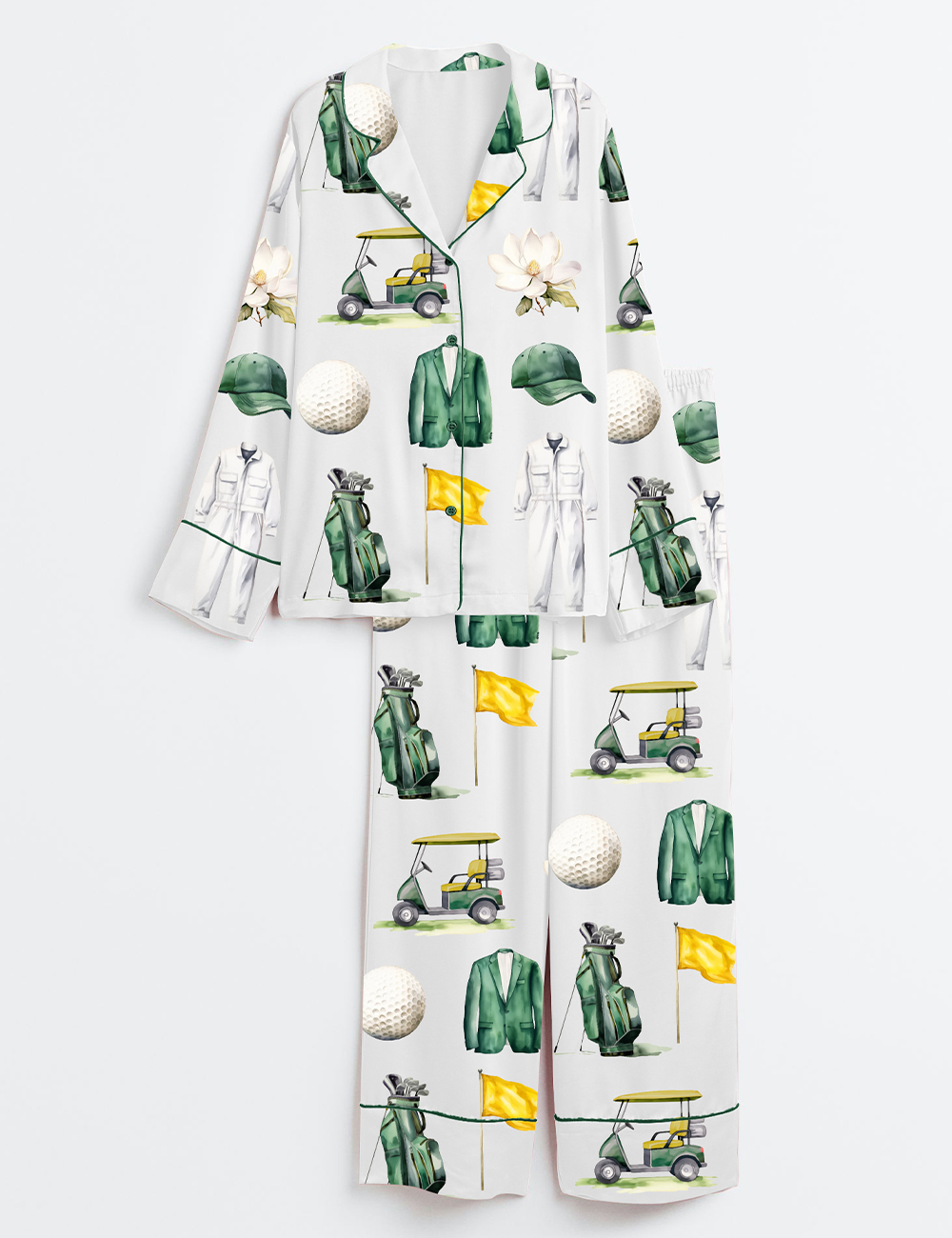 Womenâ€™s Watercolor Golf Tournament Golfing Master Golf Cart Green Jacket Club Long Sleeve Satin Pajama Set