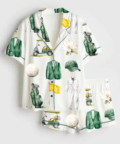 Women's Watercolor Golf Tournament Golfing Master Golf Cart Green Jacket Club Short Sleeve Satin Pajama Set