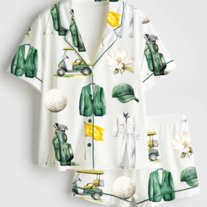 Womenâ€™s Watercolor Golf Tournament Golfing Master Golf Cart Green Jacket Club Short Sleeve Satin Pajama Set