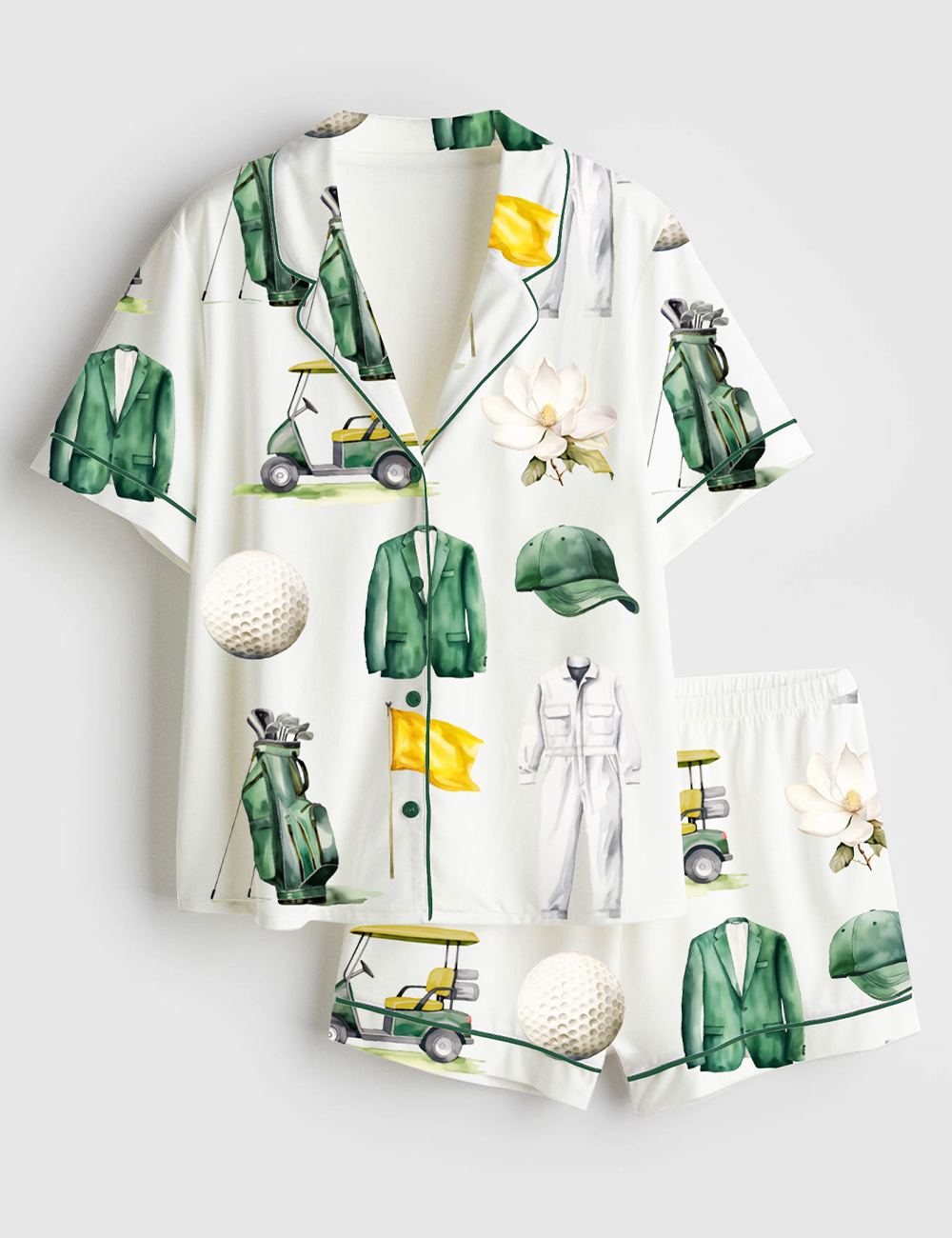 Womenâ€™s Watercolor Golf Tournament Golfing Master Golf Cart Green Jacket Club Short Sleeve Satin Pajama Set