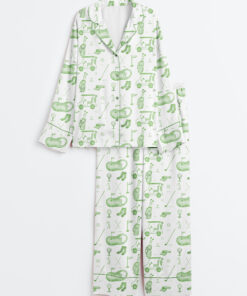 Women's Watercolor Green Golf Toile Print Long Sleeve Satin Pajama Set