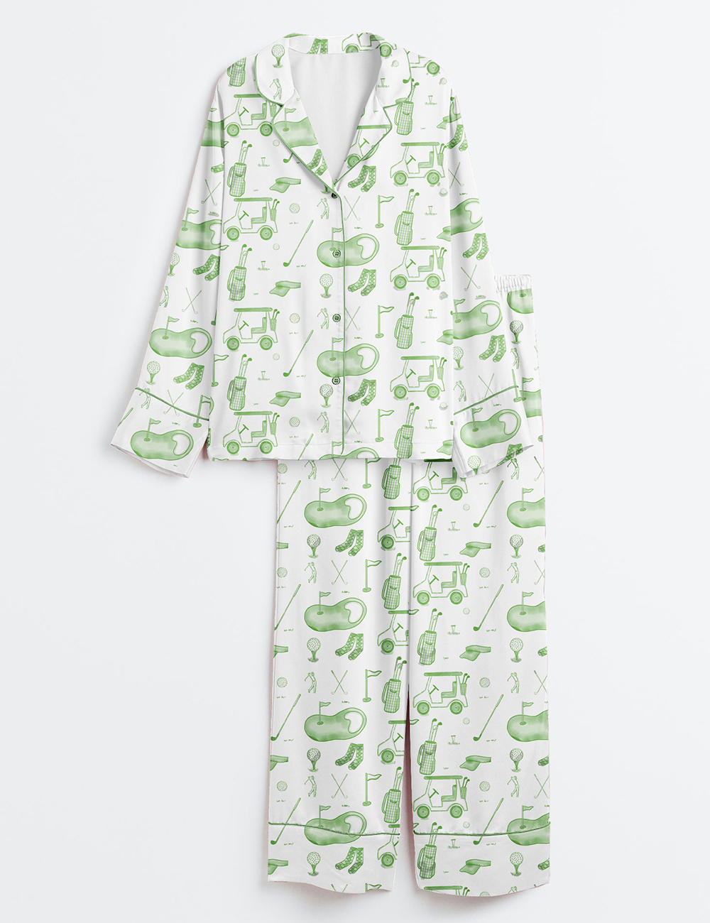 Womenâ€™s Watercolor Green Golf Toile Print Long Sleeve Satin Pajama Set
