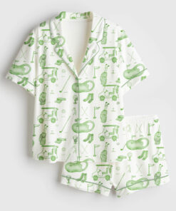 Women's Watercolor Green Golf Toile Print Short Sleeve Satin Pajama Set