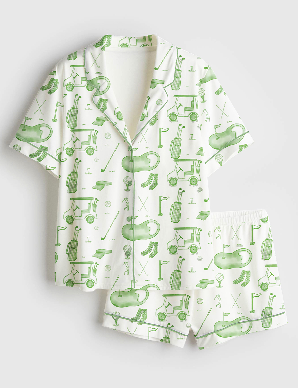 Womenâ€™s Watercolor Green Golf Toile Print Short Sleeve Satin Pajama Set