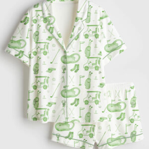 Women's Watercolor Green Golf Toile Print Short Sleeve Satin Pajama Set