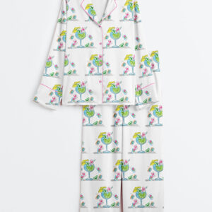 Womenâ€™s Watercolor Hand Drawn Mahjong Tile Cocktail Mahjong Party Long Sleeve Satin Pajama Set