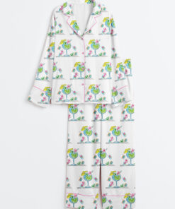 Women's Watercolor Hand Drawn Mahjong Tile Cocktail Mahjong Party Long Sleeve Satin Pajamas Set