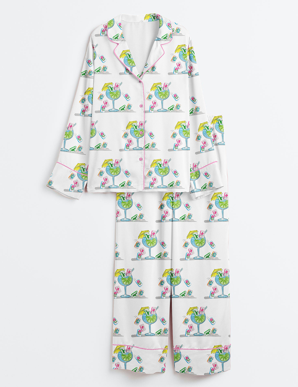 Women's Watercolor Hand Drawn Mahjong Tile Cocktail Mahjong Party Long Sleeve Satin Pajamas Set