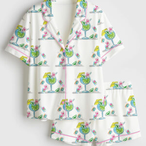 Women's Watercolor Hand Drawn Mahjong Tile Cocktail Mahjong Party Short Sleeve Satin Pajama Set