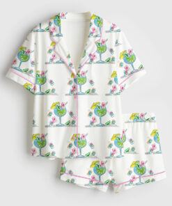 Women's Watercolor Hand Drawn Mahjong Tile Cocktail Mahjong Party Short Sleeve Satin Pajama Set