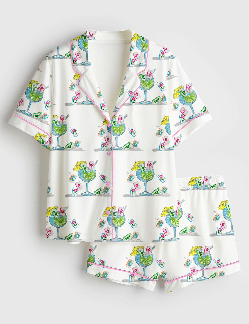 Women's Watercolor Hand Drawn Mahjong Tile Cocktail Mahjong Party Short Sleeve Satin Pajama Set