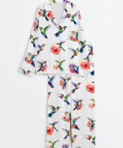 Women's Watercolor Hummingbirds Long Sleeve Satin Pajama Set