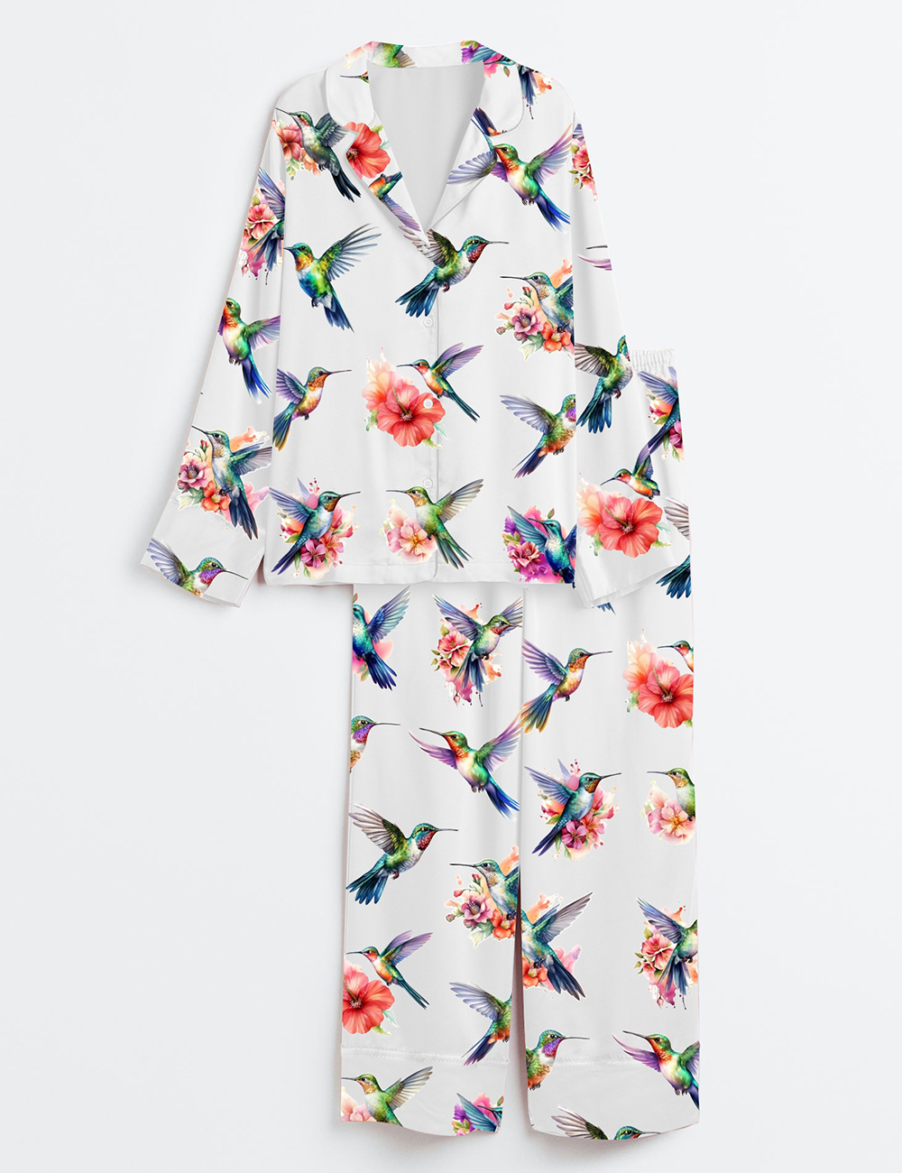Womenâ€™s Watercolor Hummingbirds Long Sleeve Satin Pajama Set