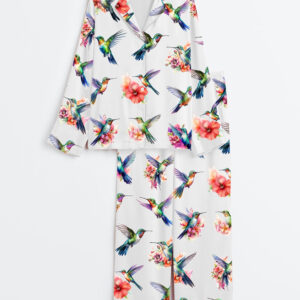 Women's Watercolor Hummingbirds Long Sleeve Satin Pajama Set