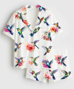 Women's Watercolor Hummingbirds Short Sleeve Satin Pajama Set