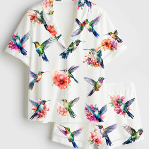 Womenâ€™s Watercolor Hummingbirds Short Sleeve Satin Pajama Set