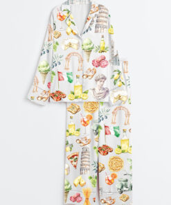 Women's Watercolor Italy Mediterranean Summer Amalfi Coast Rome Italian Food Olives Lemons Pizza Pasta Print Long Sleeve Satin Pajama Set