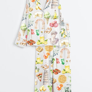 Women's Watercolor Italy Mediterranean Summer Amalfi Coast Rome Italian Food Olives Lemons Pizza Pasta Print Long Sleeve Satin Pajamas Set