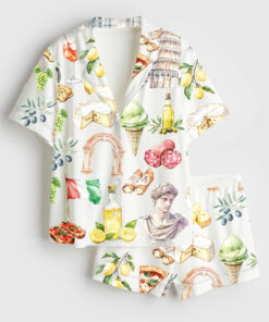 Women's Watercolor Italy Mediterranean Summer Amalfi Coast Rome Italian Food Olives Lemons Pizza Pasta Print Short Sleeve Satin Pajama Set