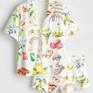 Womenâ€™s Watercolor Italy Mediterranean Summer Amalfi Coast Rome Italian Food Olives Lemons Pizza Pasta Print Short Sleeve Satin Pajama Set
