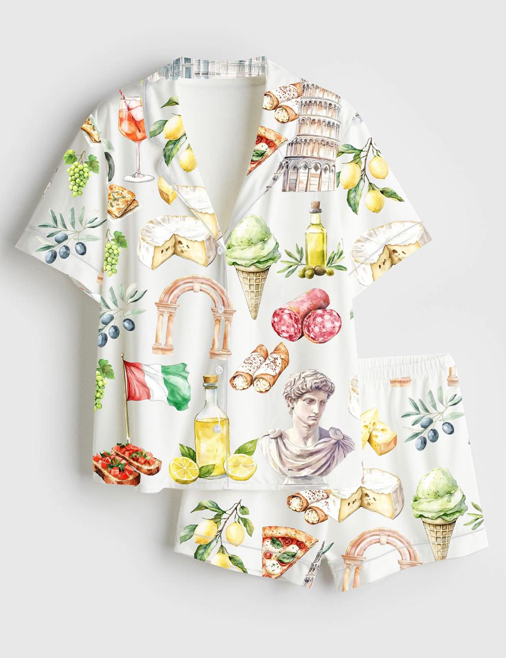 Womenâ€™s Watercolor Italy Mediterranean Summer Amalfi Coast Rome Italian Food Olives Lemons Pizza Pasta Print Short Sleeve Satin Pajama Set