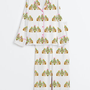 Women's Watercolor Leopard Cheetah Pink Preppy Christmas Tree Long Sleeve Satin Pajama Set