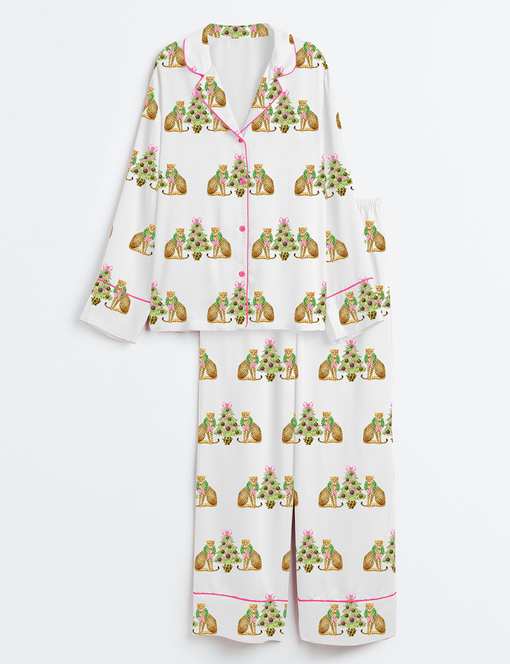 Women's Watercolor Leopard Cheetah Pink Preppy Christmas Tree Long Sleeve Satin Pajama Set