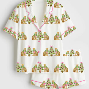 Womenâ€™s Watercolor Leopard Cheetah Pink Preppy Christmas Tree Short Sleeve Satin Pajama Set