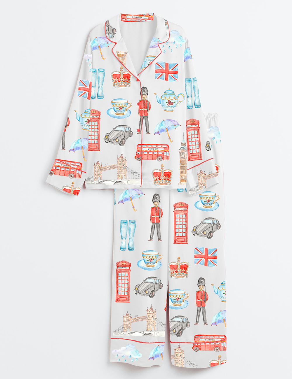 Womenâ€™s Watercolor London Art City Bus Sightseen Bridge Telephone Long Sleeve Satin Pajama Set