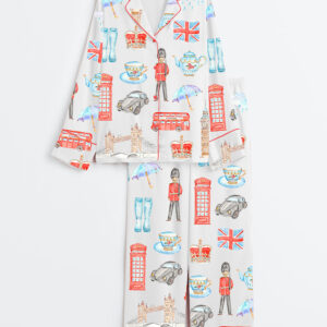 Women's Watercolor London Art City Bus Sightseen Bridge Telephone Long Sleeve Satin Pajamas Set